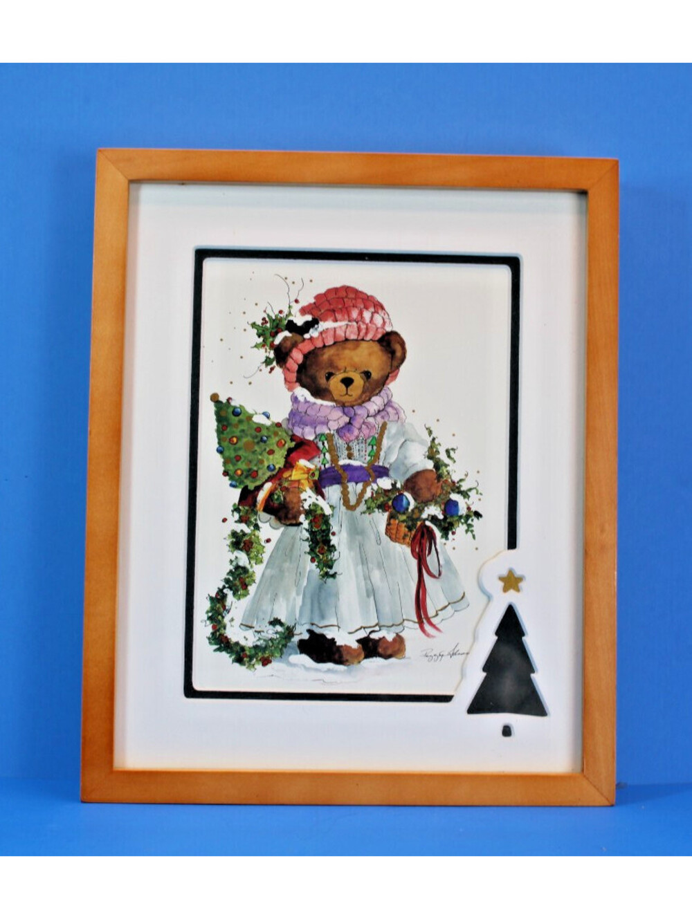 Vtg Peggy Abrams 'Holiday Shopping' Watercolor Print Christmas Teddy Bear 10.5x8